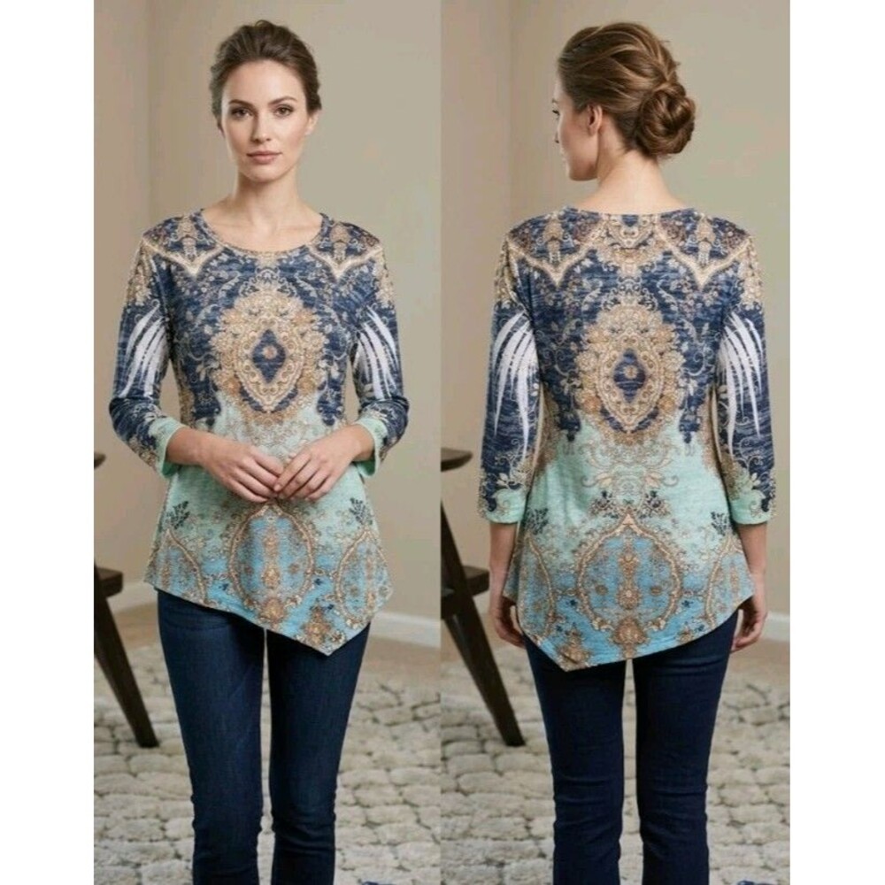 Jess & Jane Blouse Size M Floral Asymmetrical Beaded 3/4 Sleeve